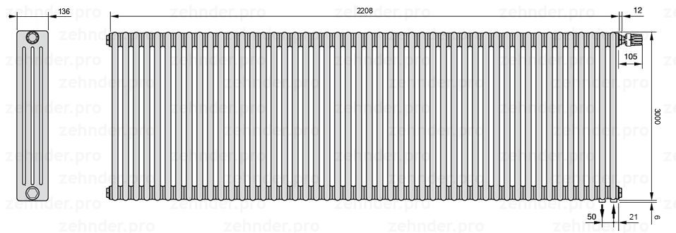 Схема (чертеж) Радиатор Zehnder Charleston 4300/48 №V002 Белый глянцевый RAL 9016